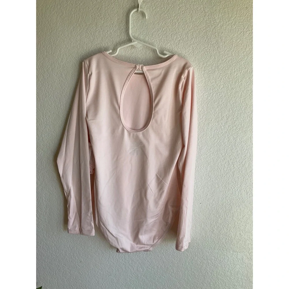 Justice Girls Pink Long Sleeve Leotard with Scrunchie Mesh Keyhole Back XL 16/18